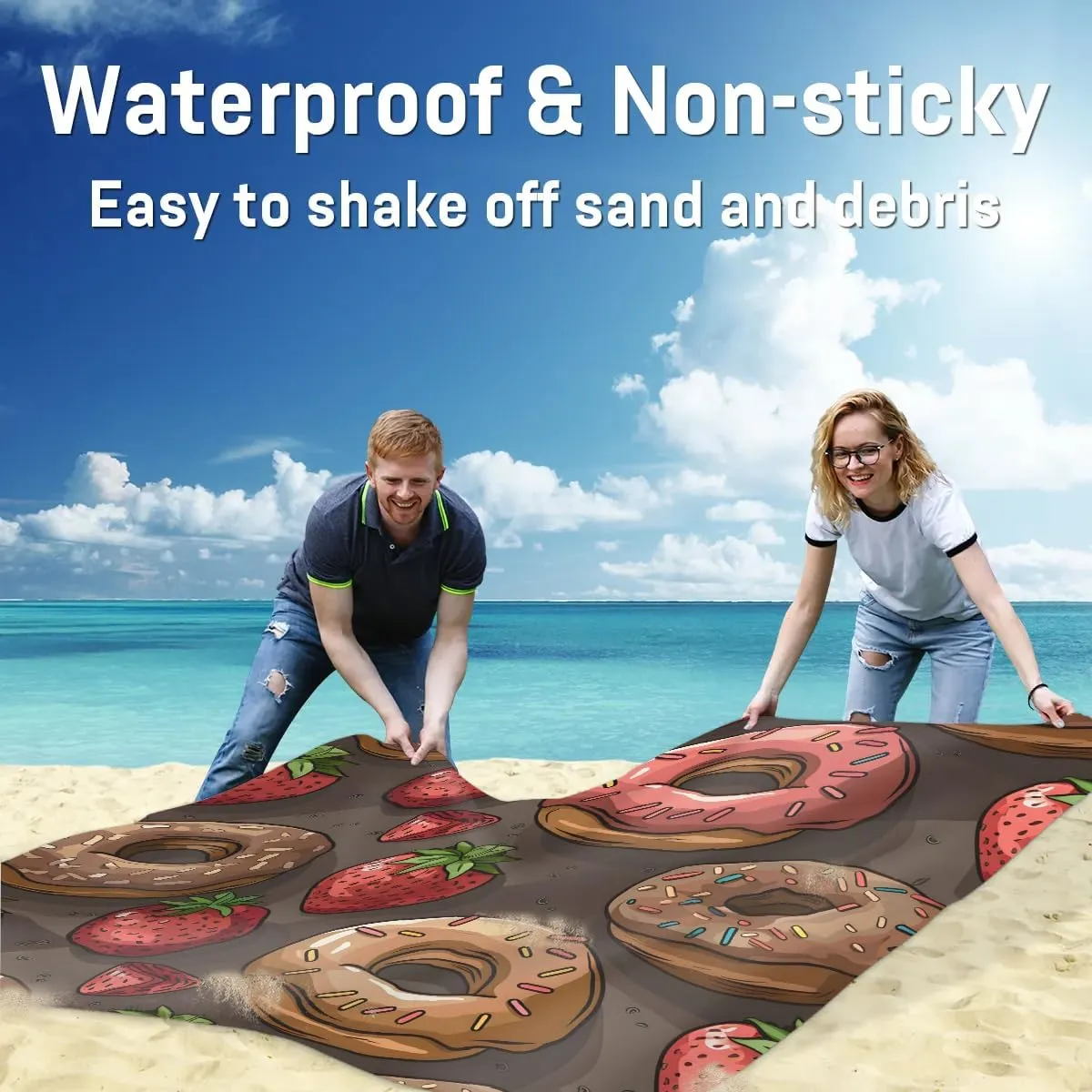 Cute Donuts Beach Blanket, Sandproof Beach Mat, 68 x 59 Waterproof Quick Drying Sand Free Mat with 4 x Ground Spikes for Outdoor Travel Camping Hiking, Strawberries