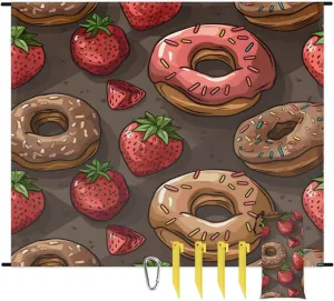 Cute Donuts Beach Blanket, Sandproof Beach Mat, 68 x 59 Waterproof Quick Drying Sand Free Mat with 4 x Ground Spikes for Outdoor Travel Camping Hiking, Strawberries