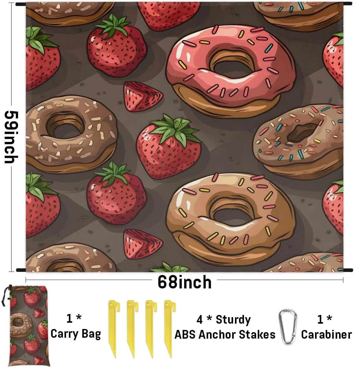 Cute Donuts Beach Blanket, Sandproof Beach Mat, 68 x 59 Waterproof Quick Drying Sand Free Mat with 4 x Ground Spikes for Outdoor Travel Camping Hiking, Strawberries
