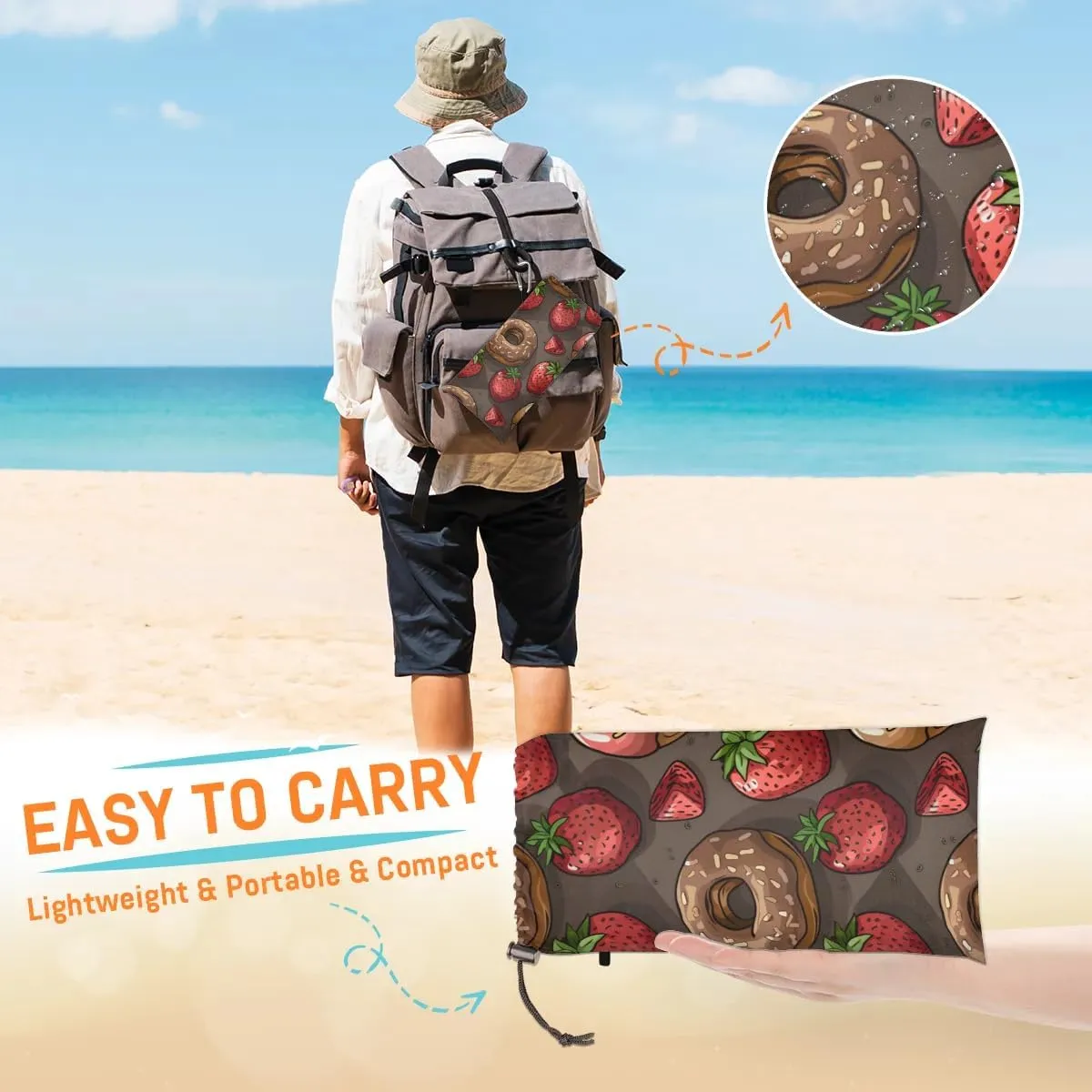 Cute Donuts Beach Blanket, Sandproof Beach Mat, 68 x 59 Waterproof Quick Drying Sand Free Mat with 4 x Ground Spikes for Outdoor Travel Camping Hiking, Strawberries