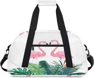 Cute Flamingo Gym Duffel Bag for Men Women Palm Leaves Sports Tote Bag with Adjustable Shoulder Strap for Dance Gymnastics Traveling Outdoor Camping Overnight Stay