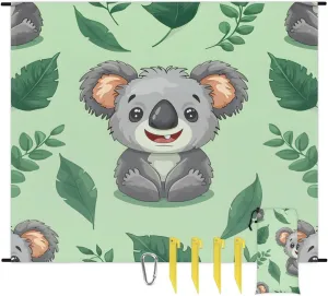 Cute Koala Beach Blanket, Sandproof Beach Mat, 68 x 59 Waterproof Quick Drying Sand Free Mat with 4 x Ground Spikes for Outdoor Travel Camping Hiking, Cartoon Koala