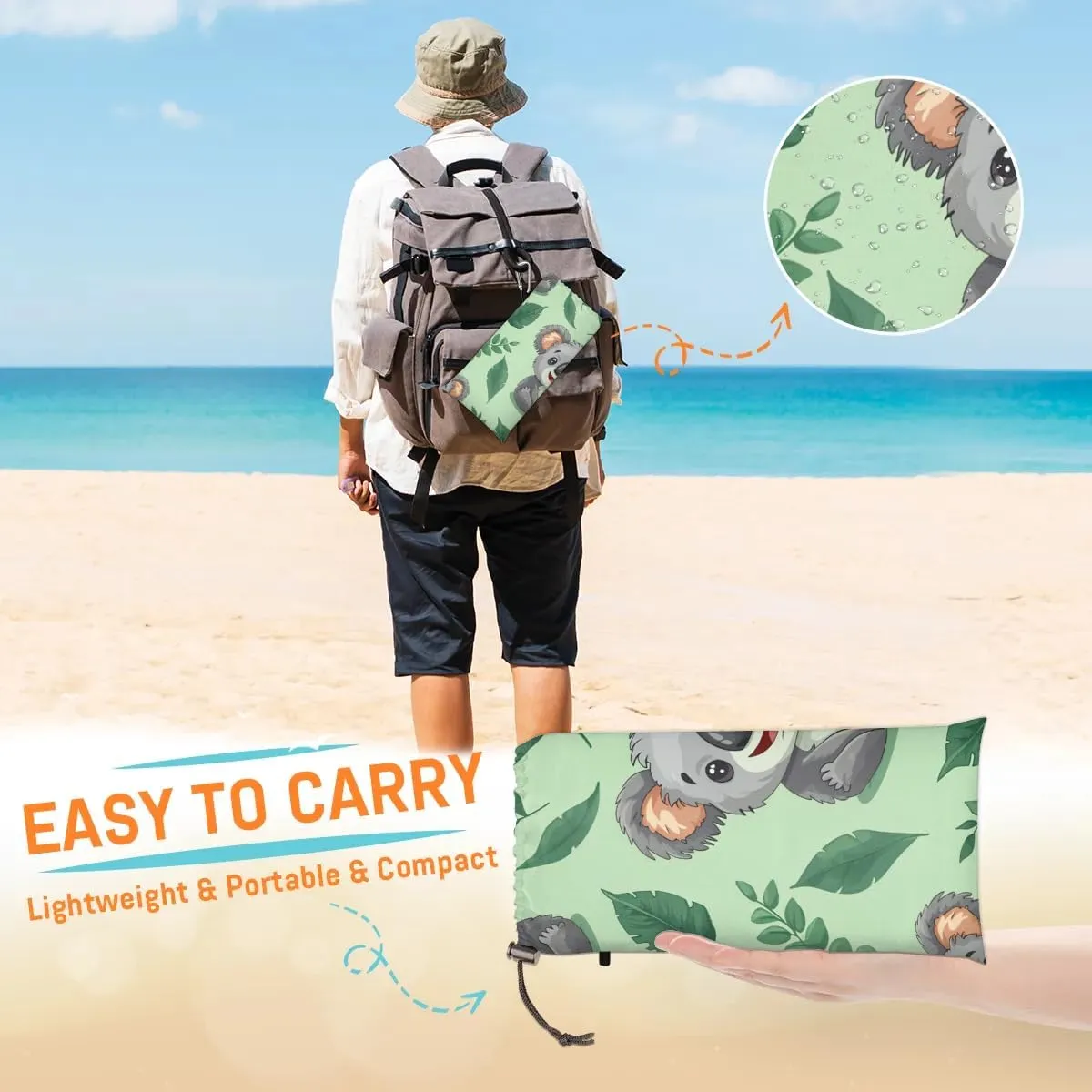 Cute Koala Beach Blanket, Sandproof Beach Mat, 68 x 59 Waterproof Quick Drying Sand Free Mat with 4 x Ground Spikes for Outdoor Travel Camping Hiking, Cartoon Koala
