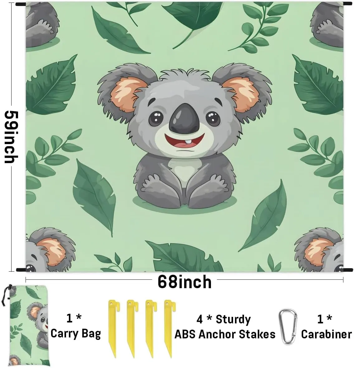 Cute Koala Beach Blanket, Sandproof Beach Mat, 68 x 59 Waterproof Quick Drying Sand Free Mat with 4 x Ground Spikes for Outdoor Travel Camping Hiking, Cartoon Koala