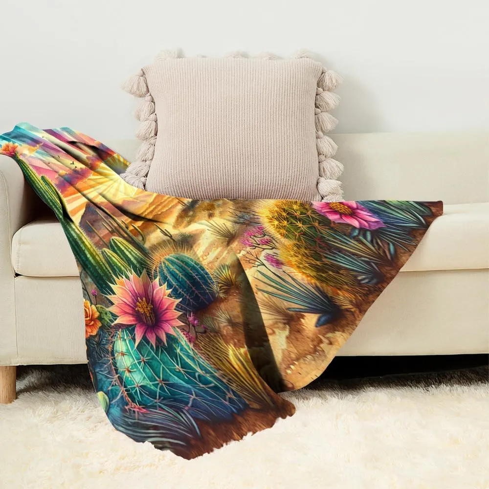 Desert Sunset Throw Blanket Cactus Fleece Throw Blanket for Sofa Couch Bed Desert Sunset Scenery Plush Blanket Ultra Soft Decor Boho Natural Theme Fuzzy Blanket Baby Soft 70"x80"