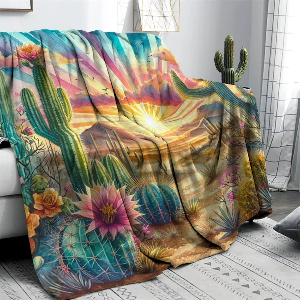 Desert Sunset Throw Blanket Cactus Fleece Throw Blanket for Sofa Couch Bed Desert Sunset Scenery Plush Blanket Ultra Soft Decor Boho Natural Theme Fuzzy Blanket Baby Soft 70"x80"