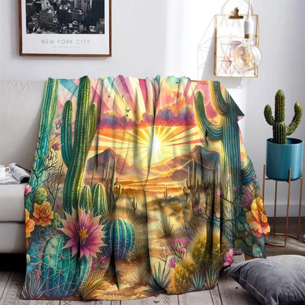 Desert Sunset Throw Blanket Cactus Fleece Throw Blanket for Sofa Couch Bed Desert Sunset Scenery Plush Blanket Ultra Soft Decor Boho Natural Theme Fuzzy Blanket Baby Soft 70"x80"