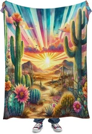 Desert Sunset Throw Blanket Cactus Fleece Throw Blanket for Sofa Couch Bed Desert Sunset Scenery Plush Blanket Ultra Soft Decor Boho Natural Theme Fuzzy Blanket Baby Soft 70"x80"