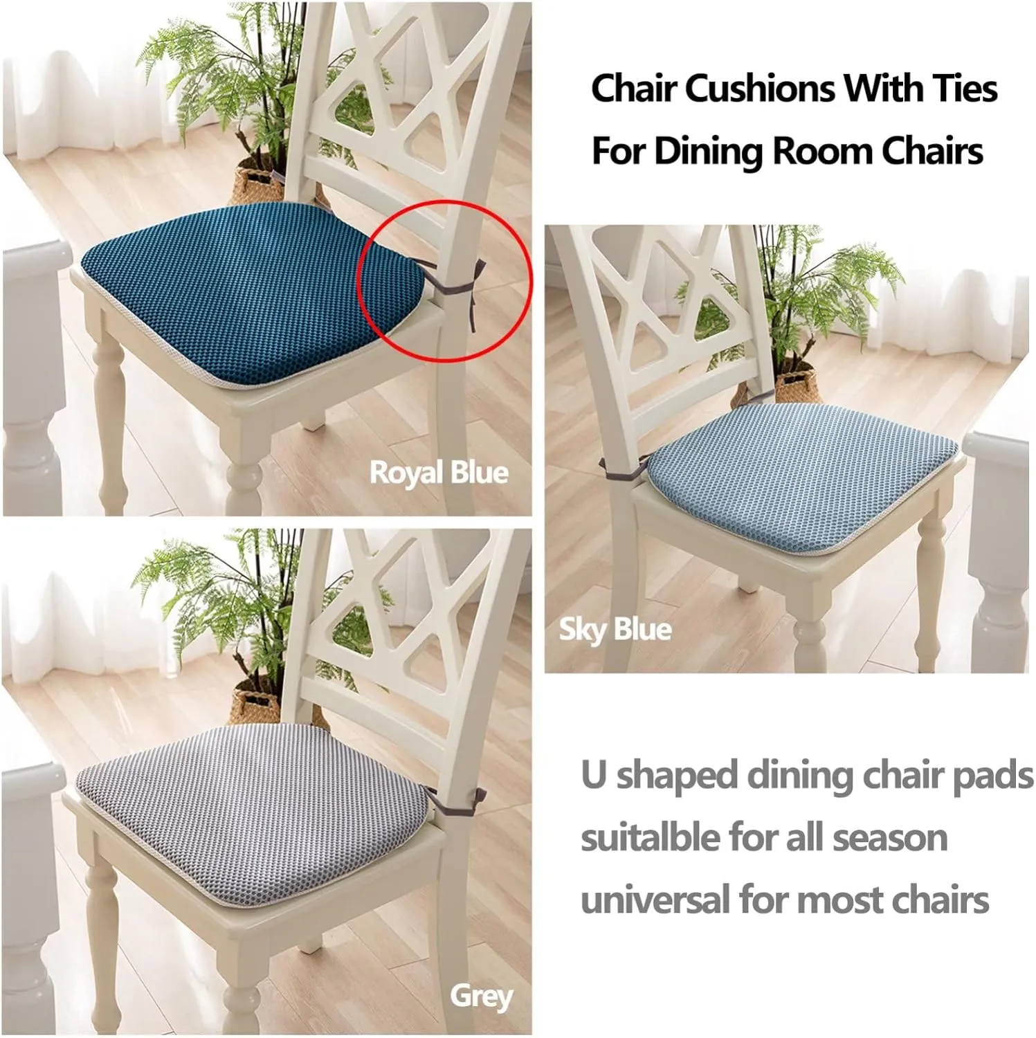 Dining Room Chair Cushion Covers Washable, Chair Seat Cushion Replacement, Summer Breathable Mesh Chair Pads with Ties, U Shaped Kitchen Chair Pads with Anti-Slip Rubber Back Beige