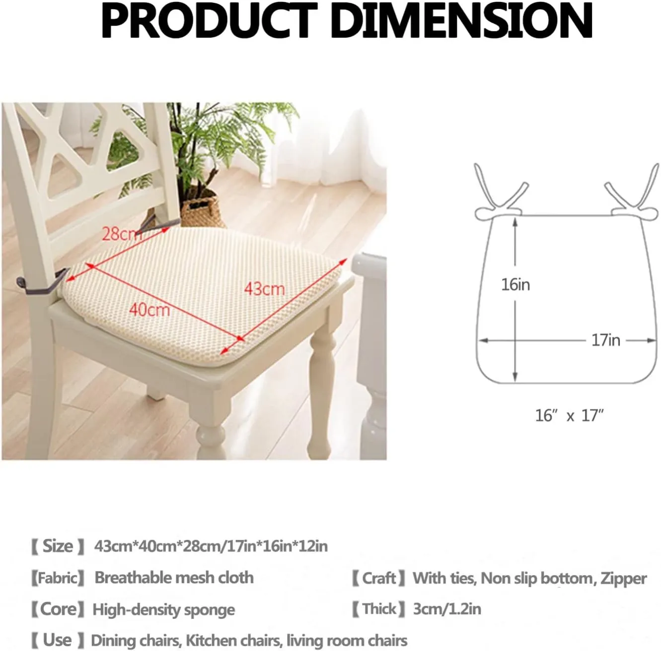 Dining Room Chair Cushion Covers Washable, Chair Seat Cushion Replacement, Summer Breathable Mesh Chair Pads with Ties, U Shaped Kitchen Chair Pads with Anti-Slip Rubber Back Beige