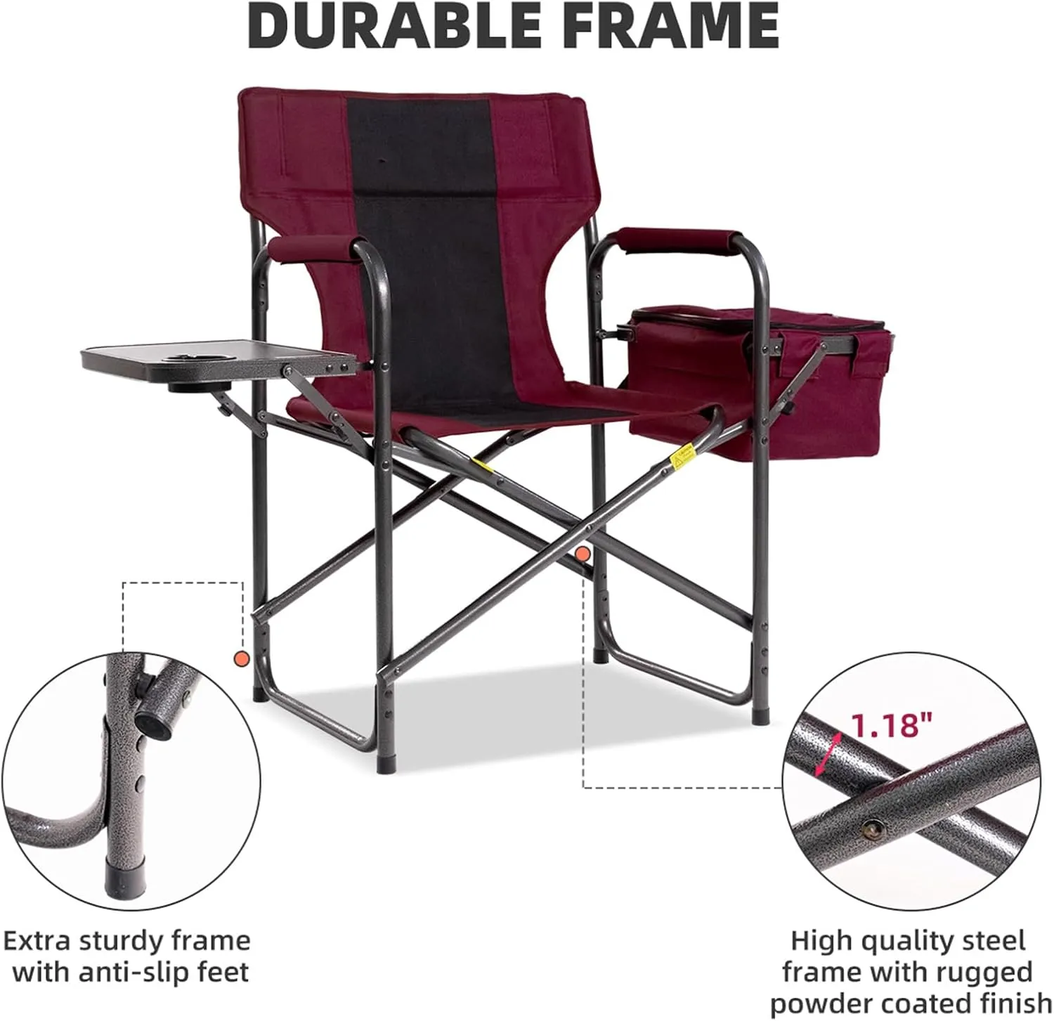 Director Camping Chair Set of 2 with Cooler Bag & Foldable Side Tray - 400lbs Heavy Duty Outdoor Folding Lawn Chair, Portable Camp Chair for Backyard, Fishing, Beach (Wine Red)