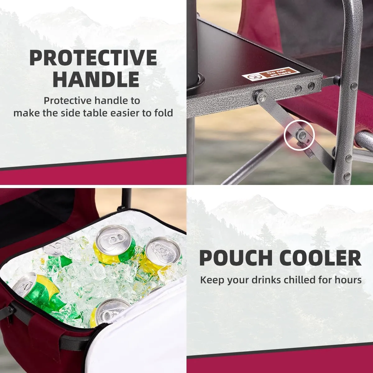Director Camping Chair Set of 2 with Cooler Bag & Foldable Side Tray - 400lbs Heavy Duty Outdoor Folding Lawn Chair, Portable Camp Chair for Backyard, Fishing, Beach (Wine Red)