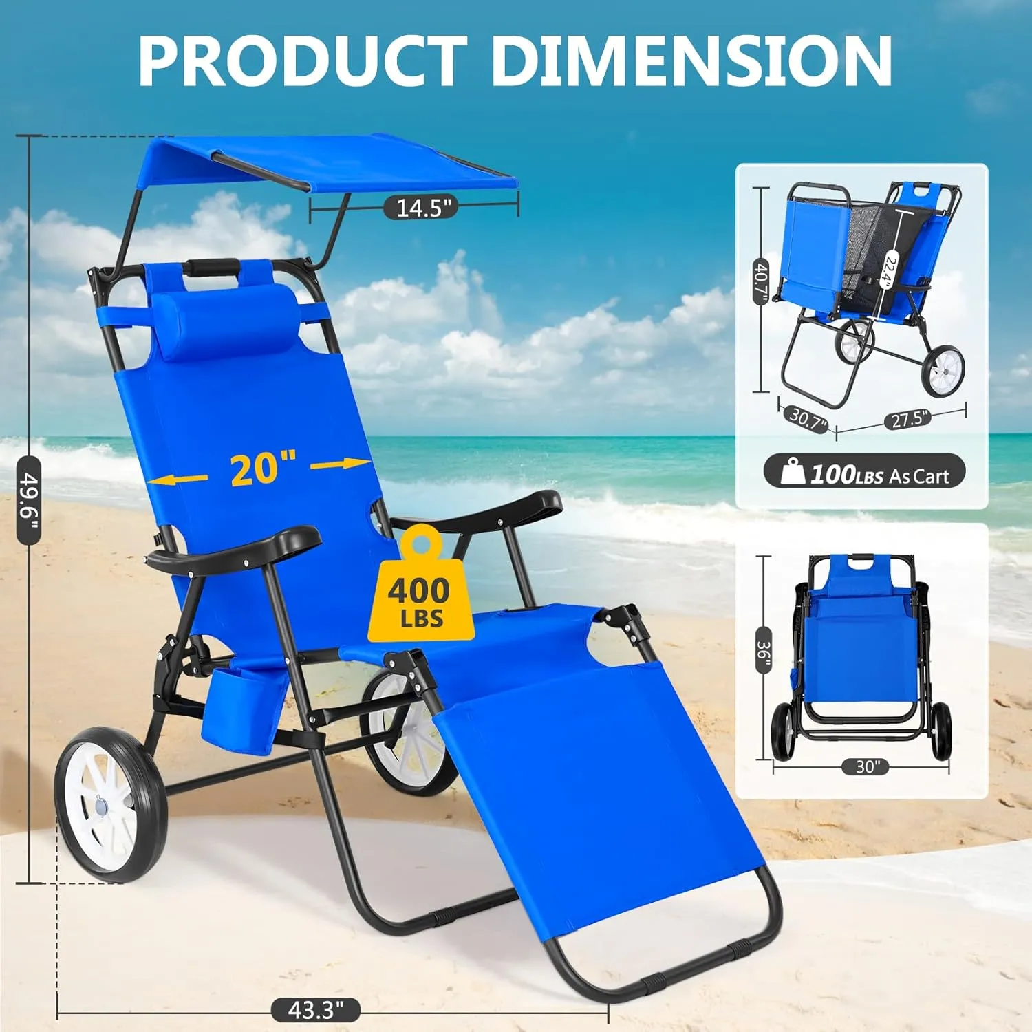 DoCred Beach Chair with Canopy Shade, Folding Beach Cart Chair w/Wheels, Outdoor Recliner Patio Lounge Chairs for Camp, Tailgates, Fishing - Support 400 LBS