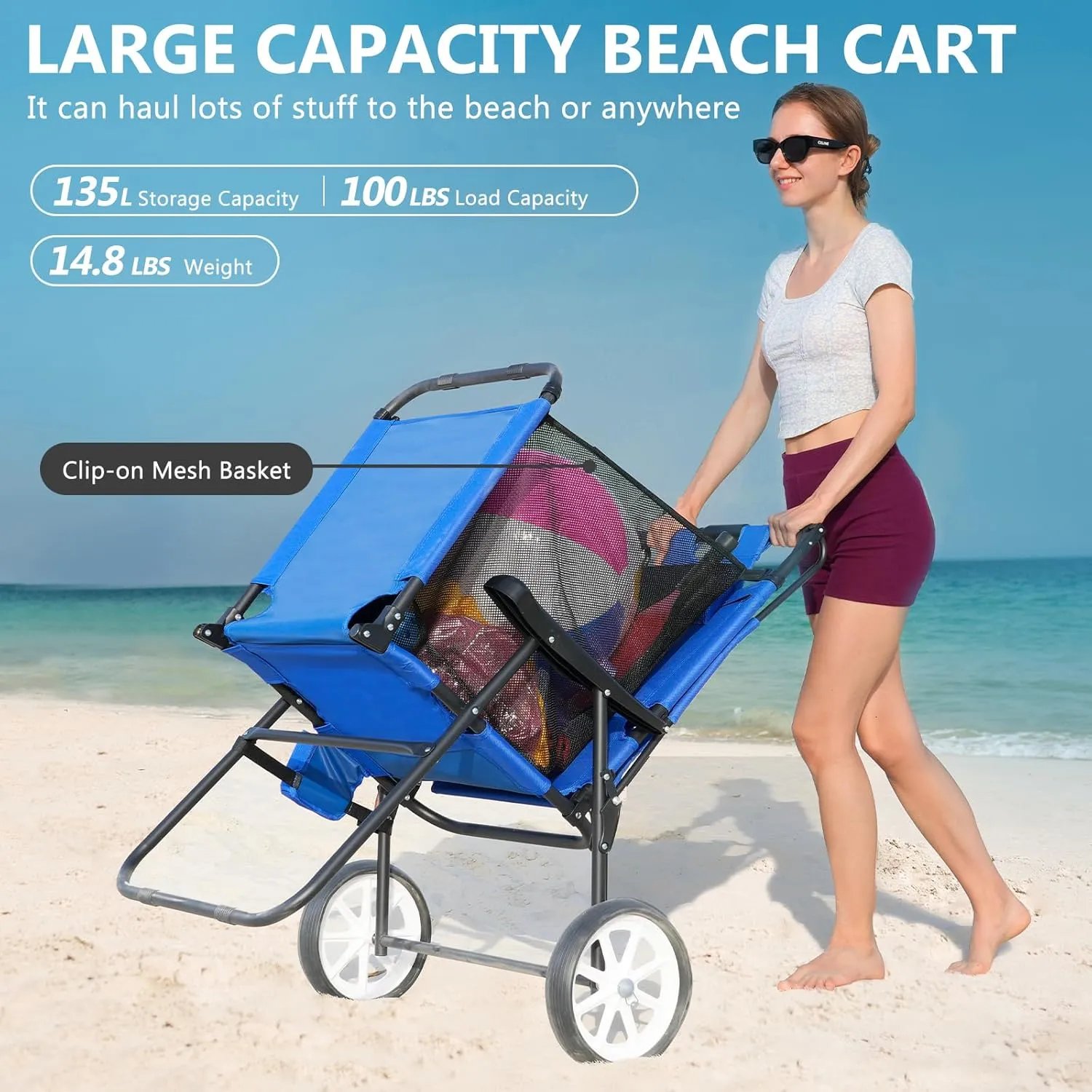 DoCred Beach Chair with Canopy Shade, Folding Beach Cart Chair w/Wheels, Outdoor Recliner Patio Lounge Chairs for Camp, Tailgates, Fishing - Support 400 LBS