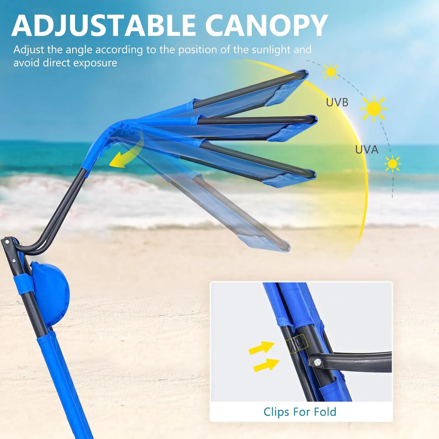 DoCred Beach Chair with Canopy Shade, Folding Beach Cart Chair w/Wheels, Outdoor Recliner Patio Lounge Chairs for Camp, Tailgates, Fishing - Support 400 LBS