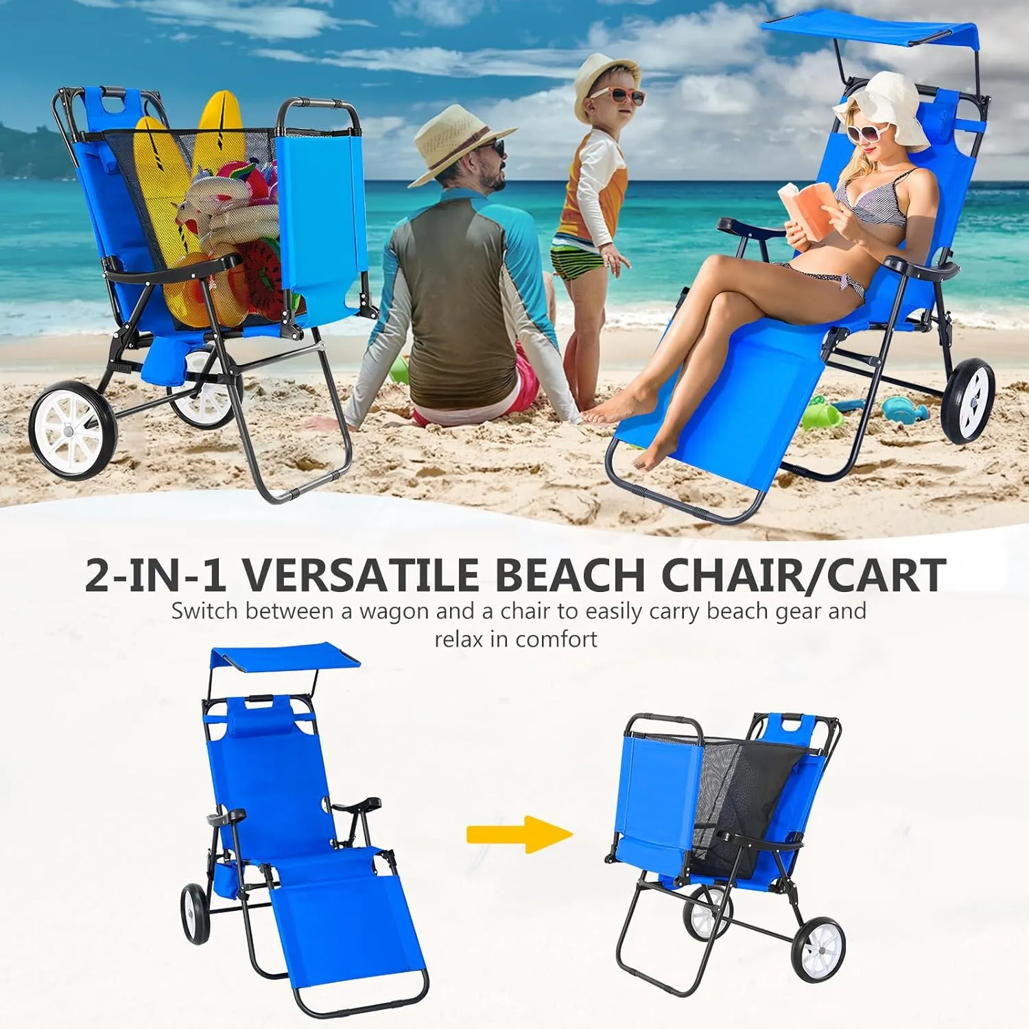 DoCred Beach Chair with Canopy Shade, Folding Beach Cart Chair w/Wheels, Outdoor Recliner Patio Lounge Chairs for Camp, Tailgates, Fishing - Support 400 LBS