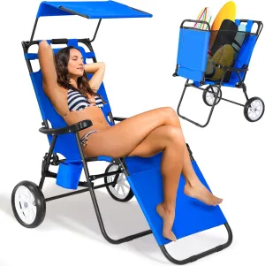 DoCred Beach Chair with Canopy Shade, Folding Beach Cart Chair w/Wheels, Outdoor Recliner Patio Lounge Chairs for Camp, Tailgates, Fishing - Support 400 LBS