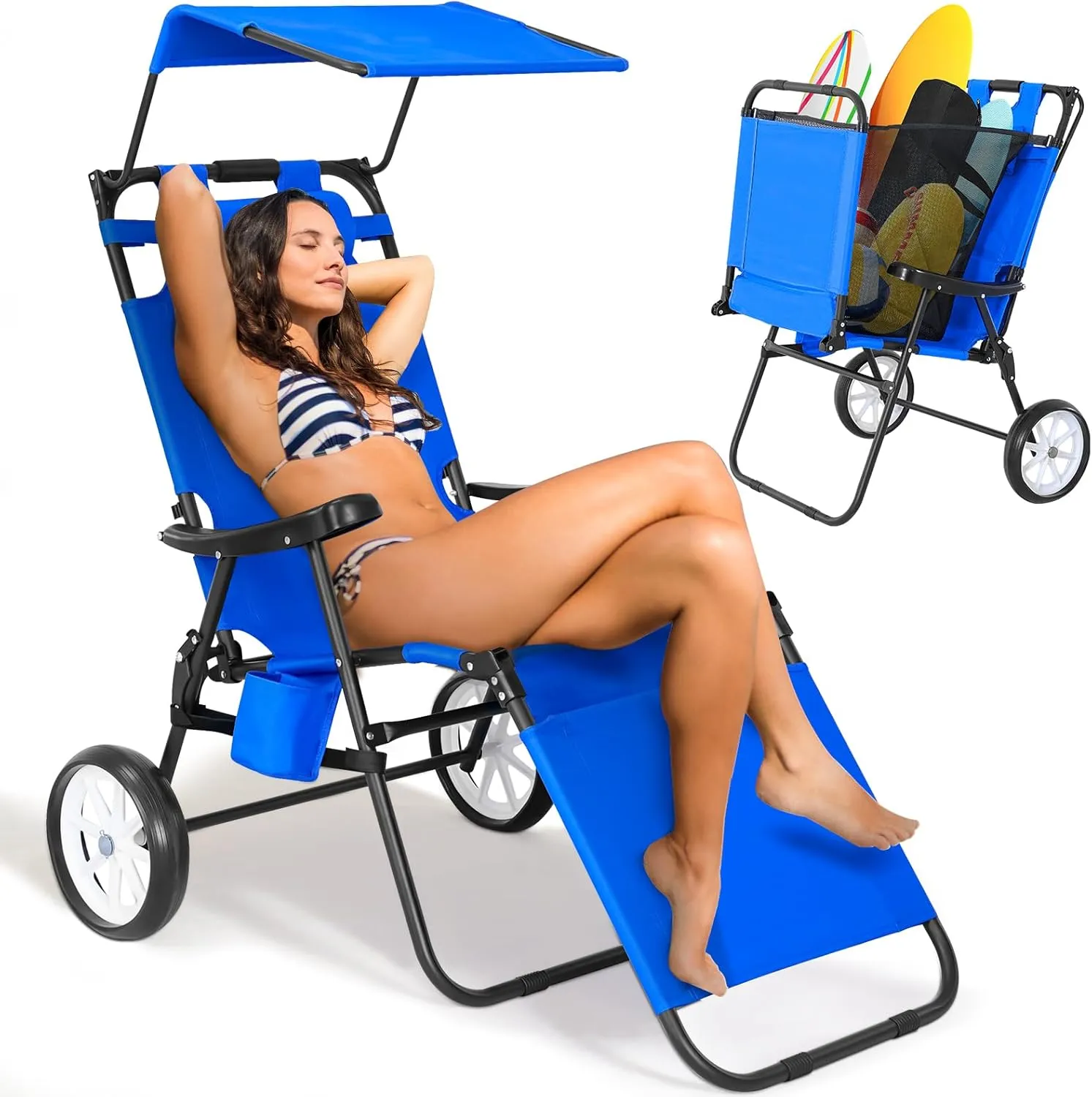 DoCred Beach Chair with Canopy Shade, Folding Beach Cart Chair w/Wheels, Outdoor Recliner Patio Lounge Chairs for Camp, Tailgates, Fishing - Support 400 LBS