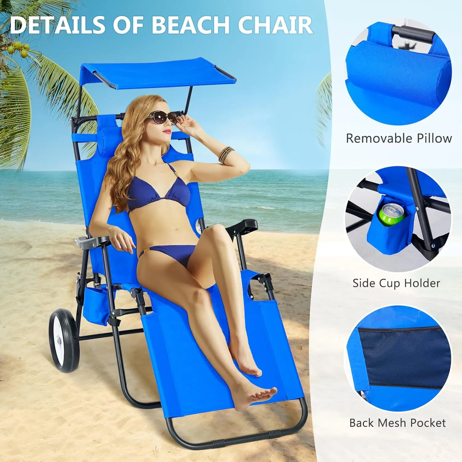 DoCred Beach Chair with Canopy Shade, Folding Beach Cart Chair w/Wheels, Outdoor Recliner Patio Lounge Chairs for Camp, Tailgates, Fishing - Support 400 LBS