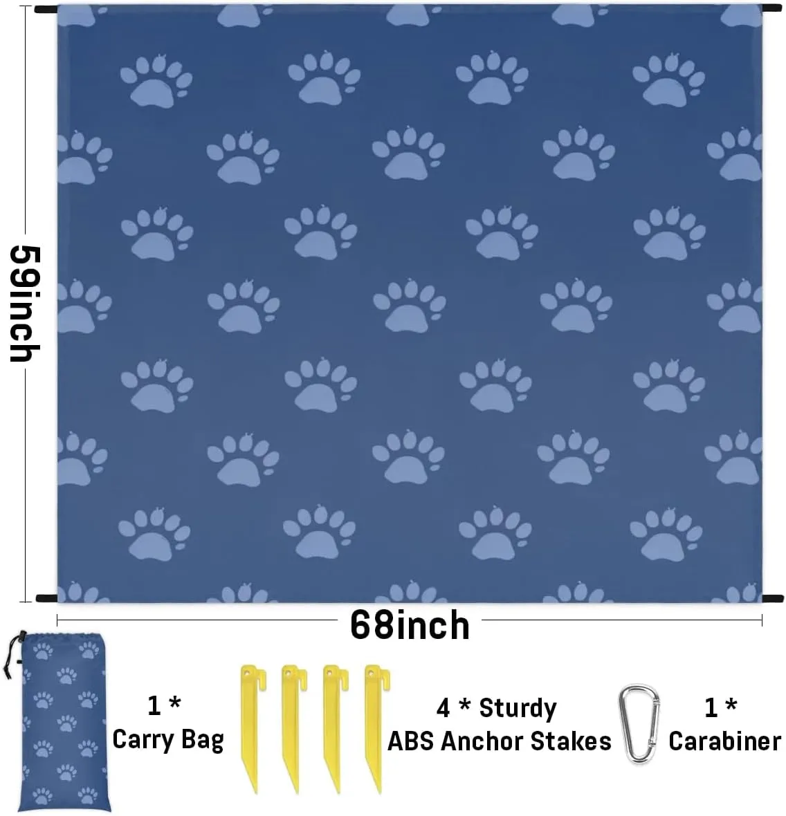 Dog Paw Print Beach Blanket, Sandproof Beach Mat, Adults Waterproof Quick Drying Sand Free Mat with 4 x Ground Spikes for Outdoor Travel Camping Hiking, Cute Paw Print