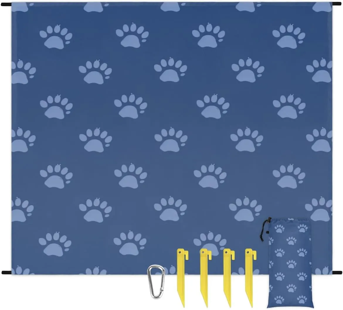 Dog Paw Print Beach Blanket, Sandproof Beach Mat, Adults Waterproof Quick Drying Sand Free Mat with 4 x Ground Spikes for Outdoor Travel Camping Hiking, Cute Paw Print