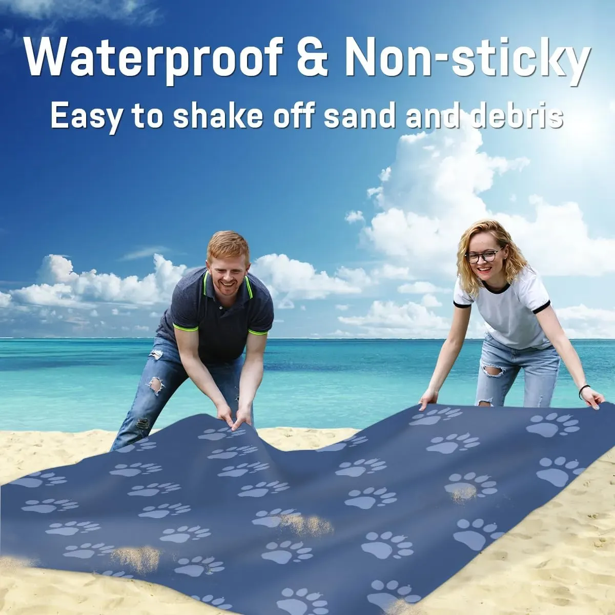 Dog Paw Print Beach Blanket, Sandproof Beach Mat, Adults Waterproof Quick Drying Sand Free Mat with 4 x Ground Spikes for Outdoor Travel Camping Hiking, Cute Paw Print