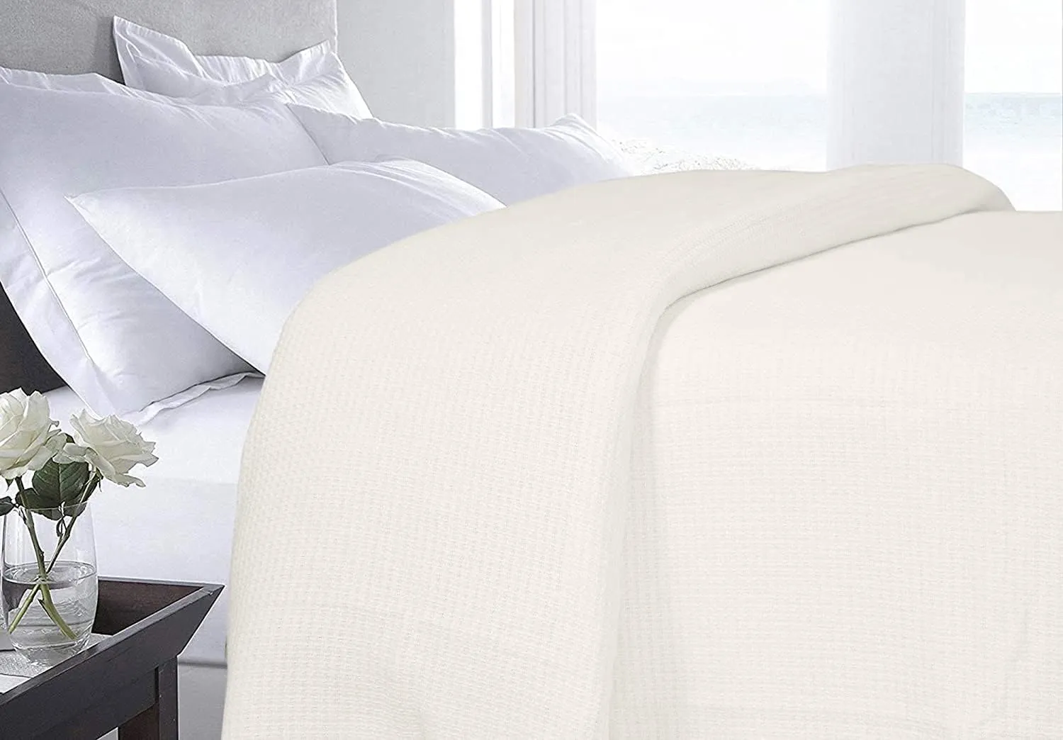 DOLLCENT 100% Cotton Queen Size Blanket for Bed, Premium Soft Combed Lightweight Blankets, Washed Breathable Cozy Bed Throw Blanket, Ivory Queen Cotton Blankets for All Season: Ivory (90"x90")