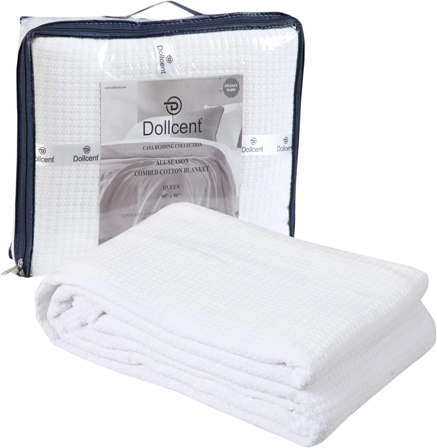 DOLLCENT 100% Cotton Queen Size Blanket for Bed, Premium Soft Combed Lightweight Blankets, Washed Breathable Cozy Bed Throw Blanket, White Queen Cotton Blankets for All Season: White (90"x90")