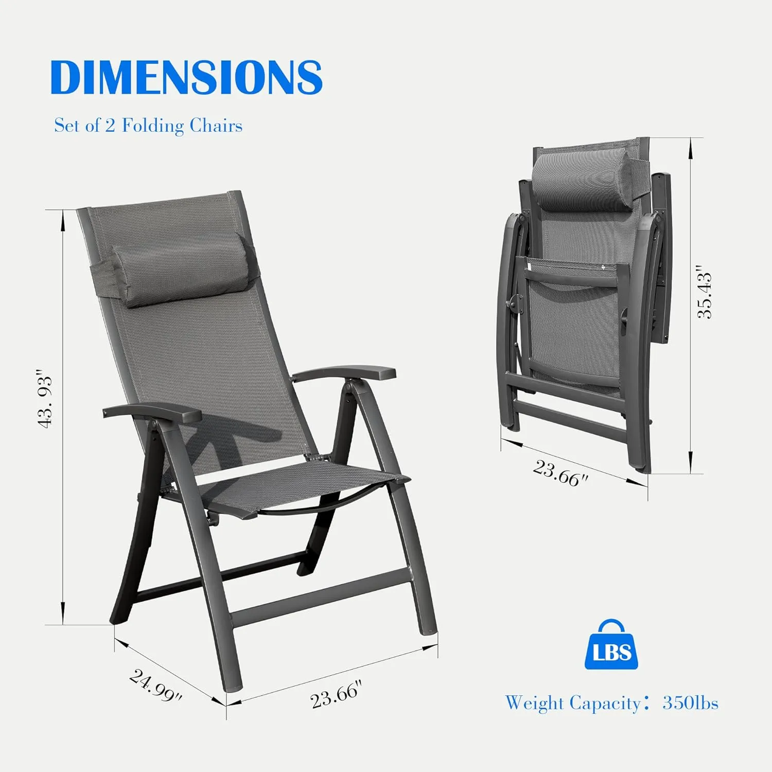 Domi Patio Folding Chairs Set of 2, Outdoor Reclining Camping Chairs Set with Moveable Headrest, Aluminum Frame Outdoor Patio Portable Chairs with Adjustable High Backrest and Textilene Fabric Seat