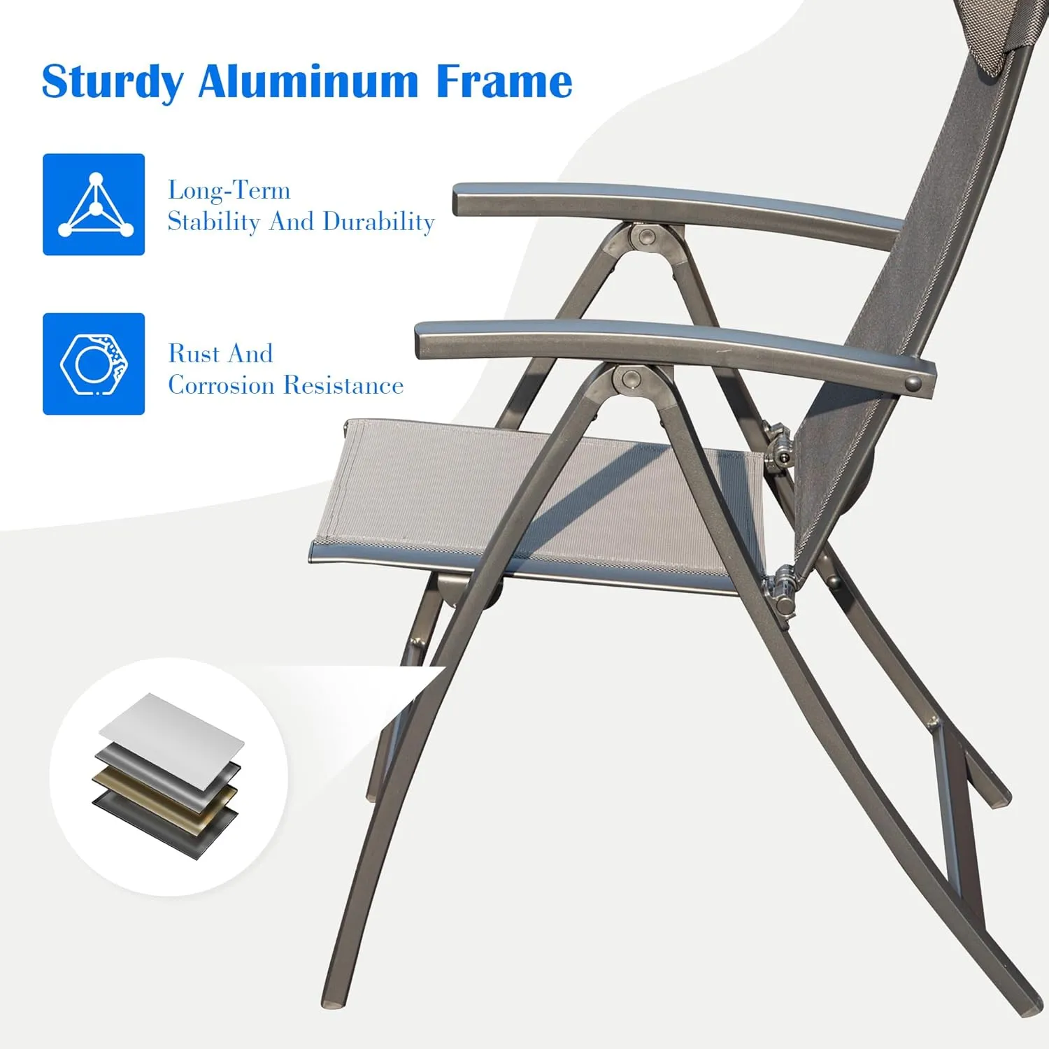 Domi Patio Folding Chairs Set of 2, Outdoor Reclining Camping Chairs Set with Moveable Headrest, Aluminum Frame Outdoor Patio Portable Chairs with Adjustable High Backrest and Textilene Fabric Seat