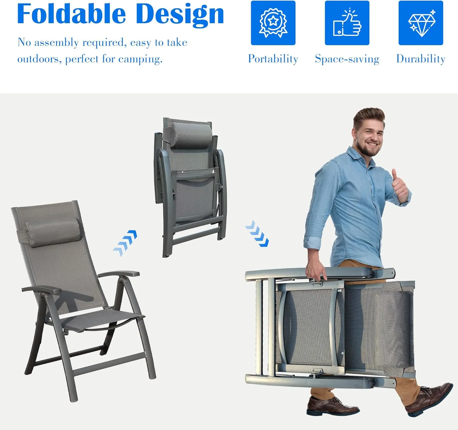 Domi Patio Folding Chairs Set of 2, Outdoor Reclining Camping Chairs Set with Moveable Headrest, Aluminum Frame Outdoor Patio Portable Chairs with Adjustable High Backrest and Textilene Fabric Seat