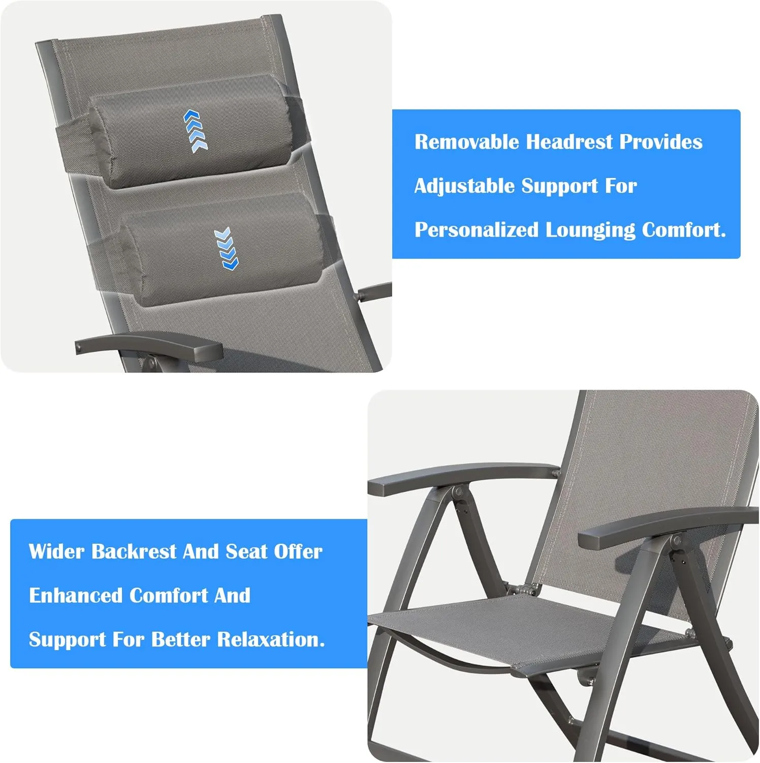 Domi Patio Folding Chairs Set of 2, Outdoor Reclining Camping Chairs Set with Moveable Headrest, Aluminum Frame Outdoor Patio Portable Chairs with Adjustable High Backrest and Textilene Fabric Seat