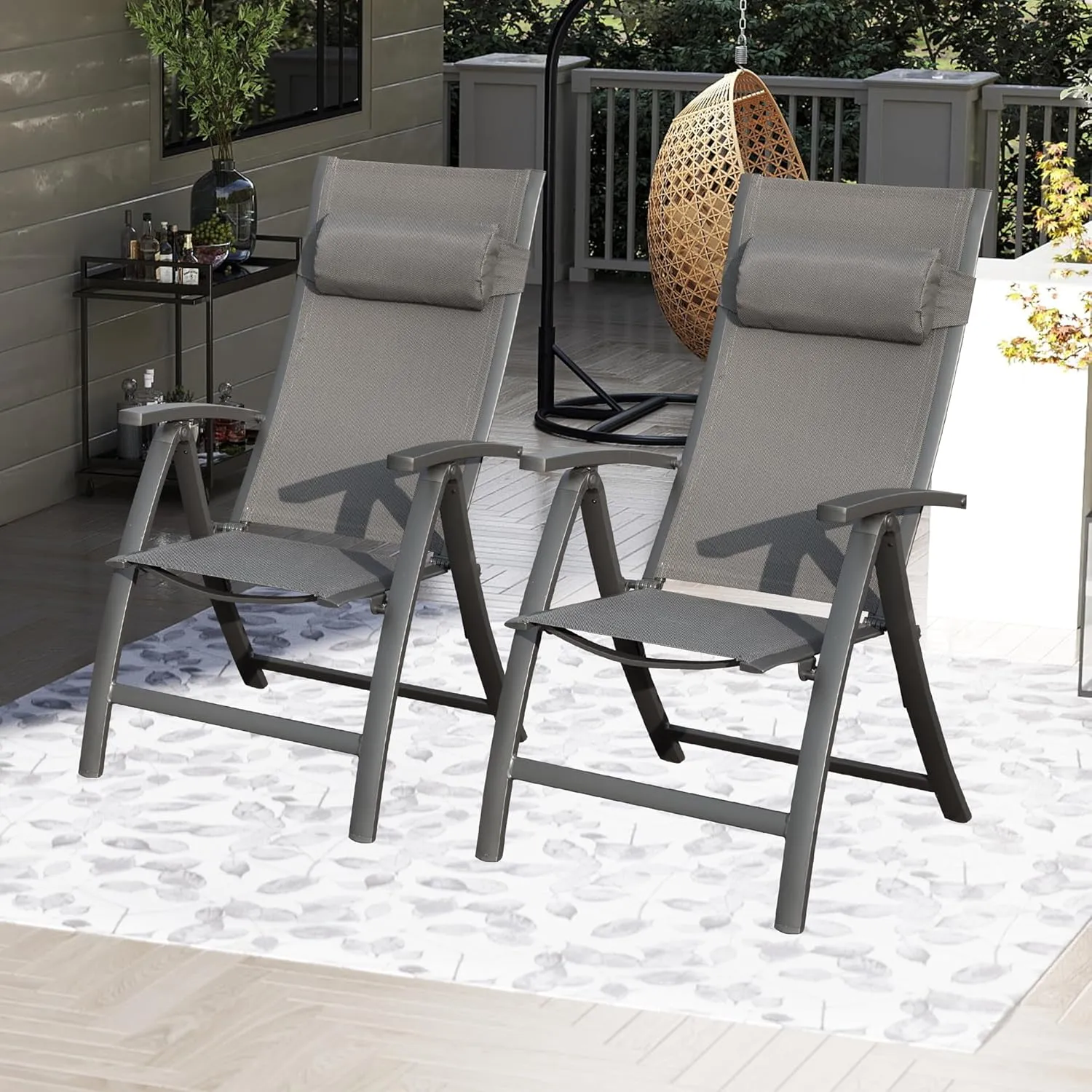 Domi Patio Folding Chairs Set of 2, Outdoor Reclining Camping Chairs Set with Moveable Headrest, Aluminum Frame Outdoor Patio Portable Chairs with Adjustable High Backrest and Textilene Fabric Seat