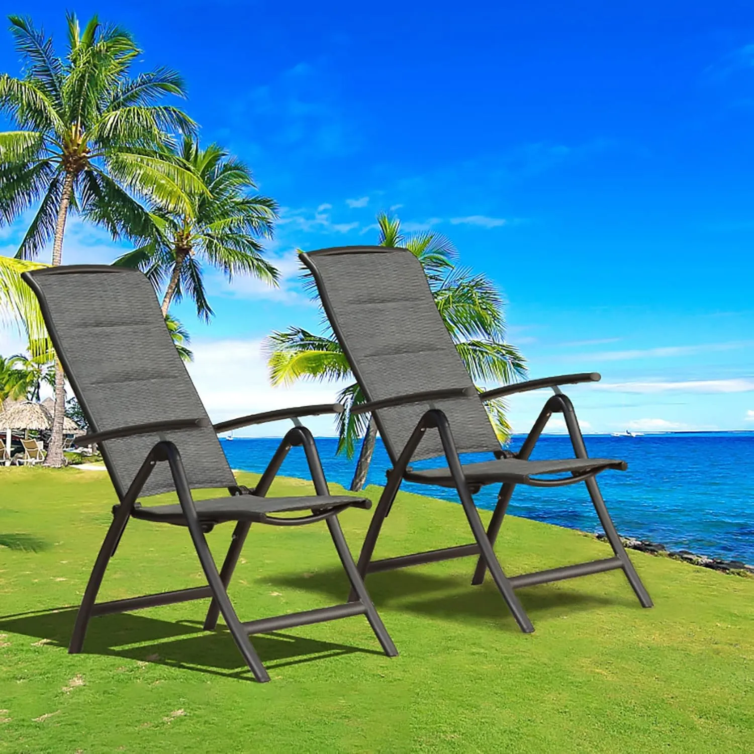 Domi Patio Outdoor Sling Chairs Set of 2, Folding Outdoor Reclining Camping Padded Chairs with Armrest Adjustable High Backrest Portable