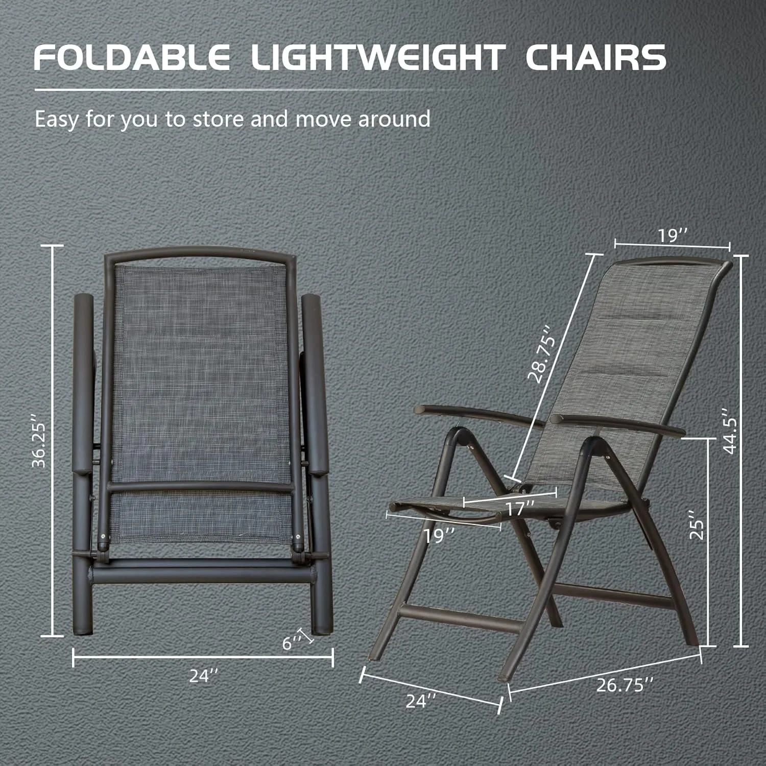 Domi Patio Outdoor Sling Chairs Set of 2, Folding Outdoor Reclining Camping Padded Chairs with Armrest Adjustable High Backrest Portable
