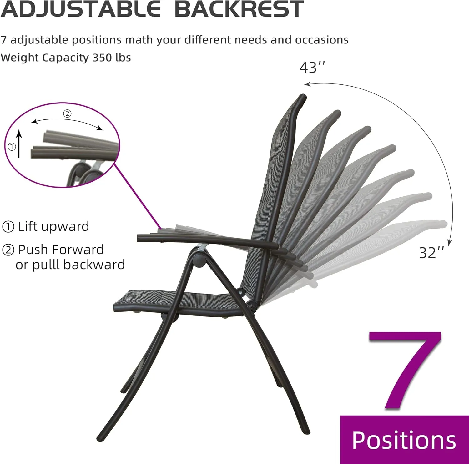 Domi Patio Outdoor Sling Chairs Set of 2, Folding Outdoor Reclining Camping Padded Chairs with Armrest Adjustable High Backrest Portable
