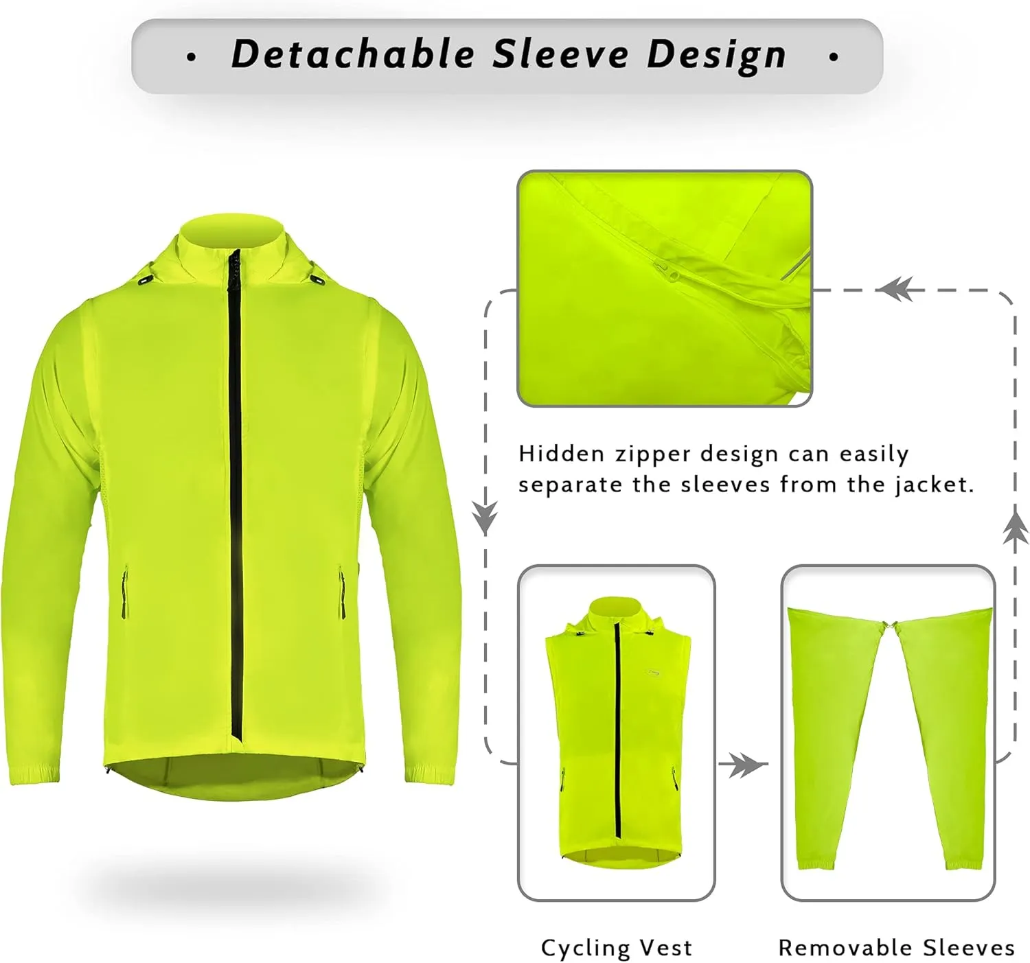 Dooy Men's Cycling Jacket ​with Detachable Sleeves Windbreaker Jackets Windproof Running Vest Lightweight and High Visibility