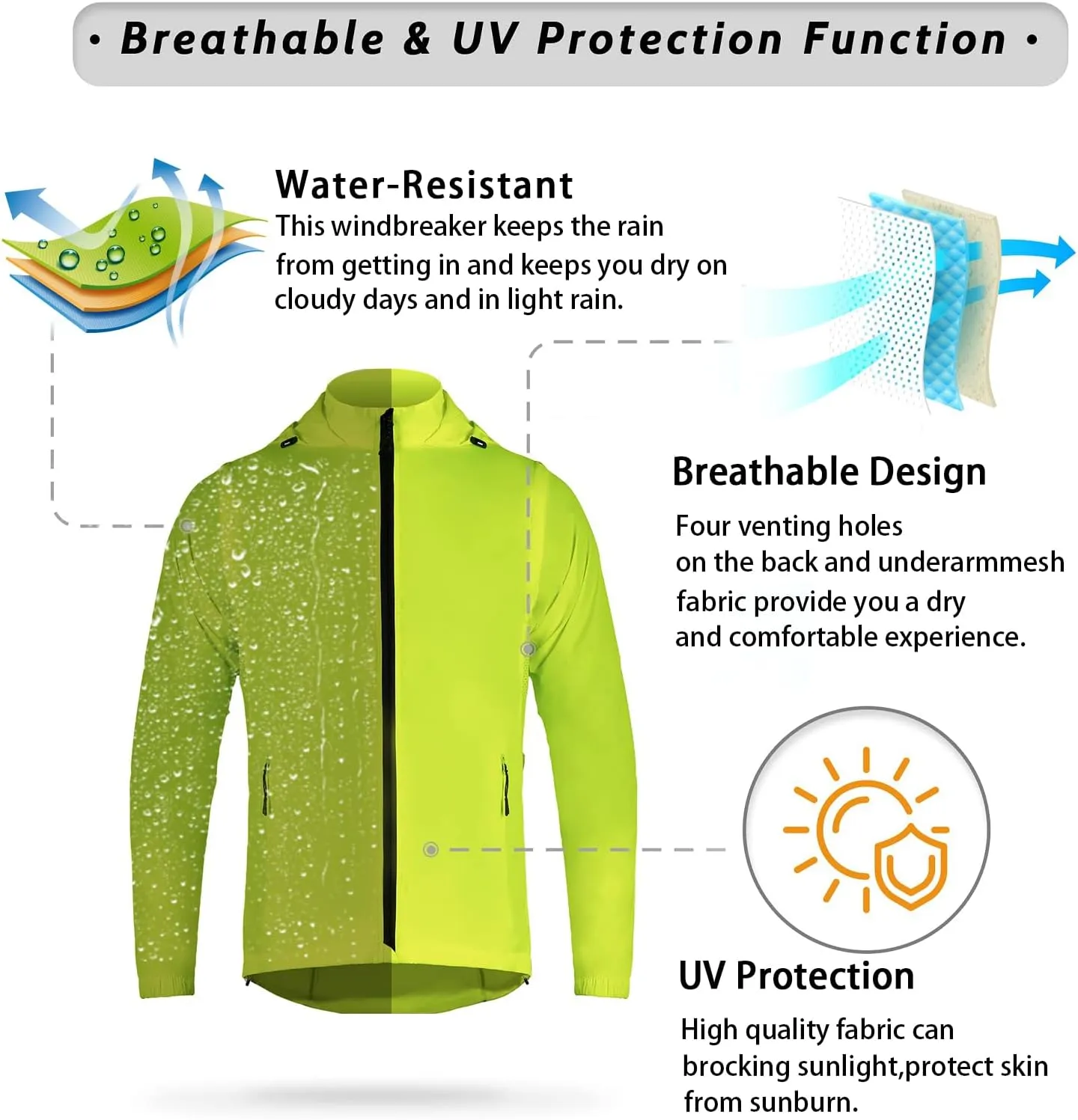 Dooy Men's Cycling Jacket ​with Detachable Sleeves Windbreaker Jackets Windproof Running Vest Lightweight and High Visibility