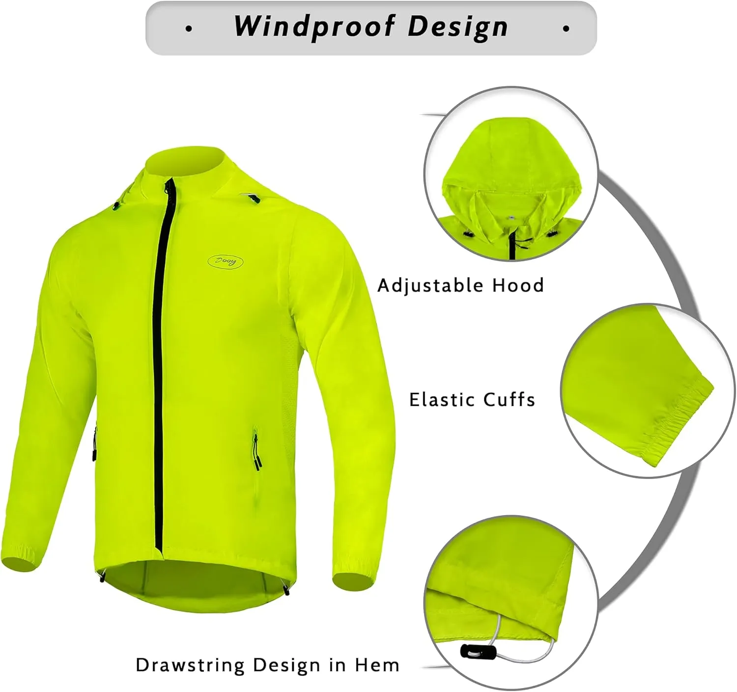 Dooy Men's Cycling Jacket ​with Detachable Sleeves Windbreaker Jackets Windproof Running Vest Lightweight and High Visibility