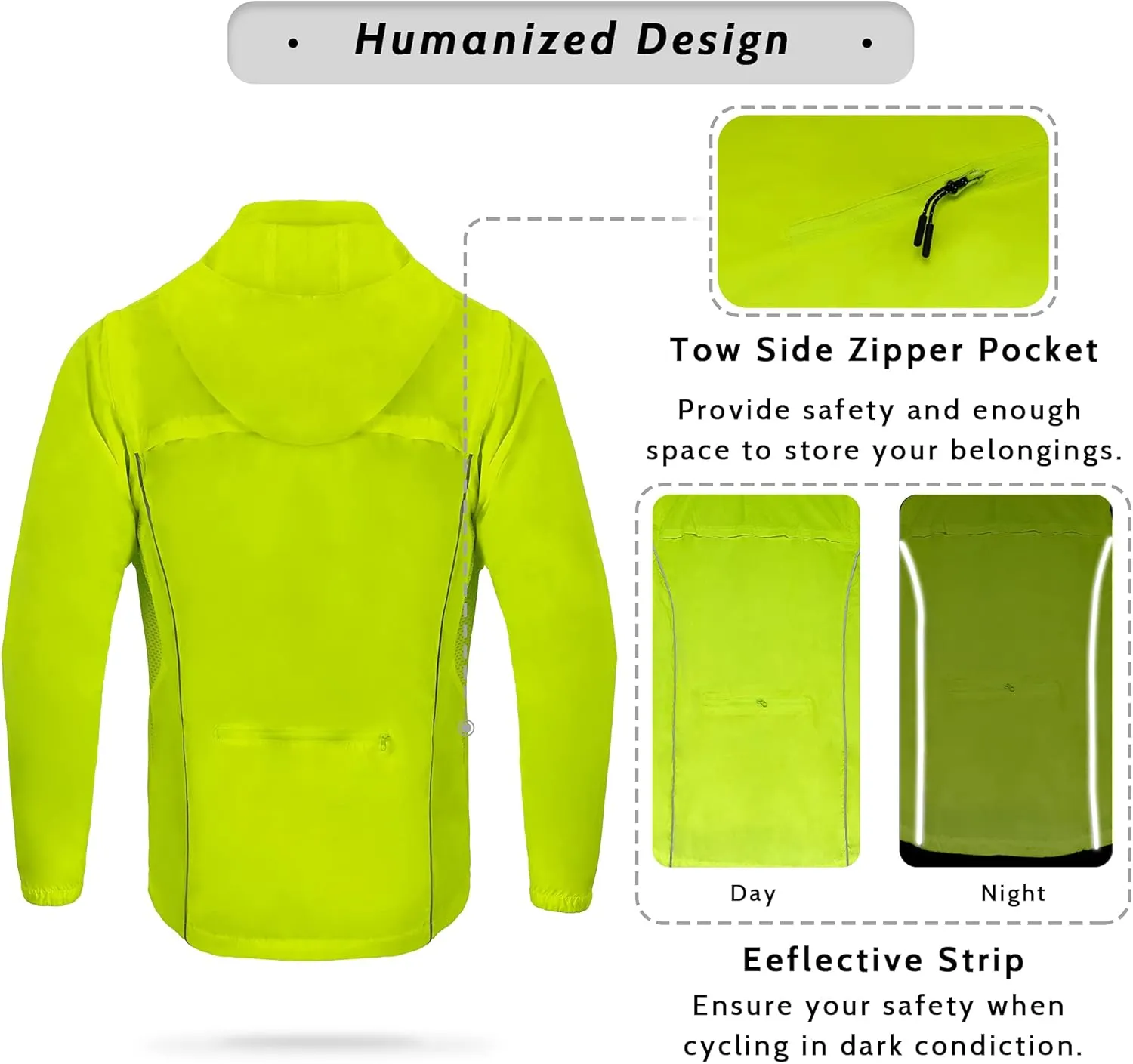 Dooy Men's Cycling Jacket ​with Detachable Sleeves Windbreaker Jackets Windproof Running Vest Lightweight and High Visibility