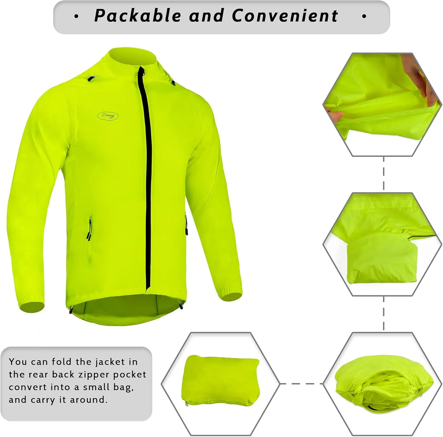 Dooy Men's Cycling Jacket ​with Detachable Sleeves Windbreaker Jackets Windproof Running Vest Lightweight and High Visibility