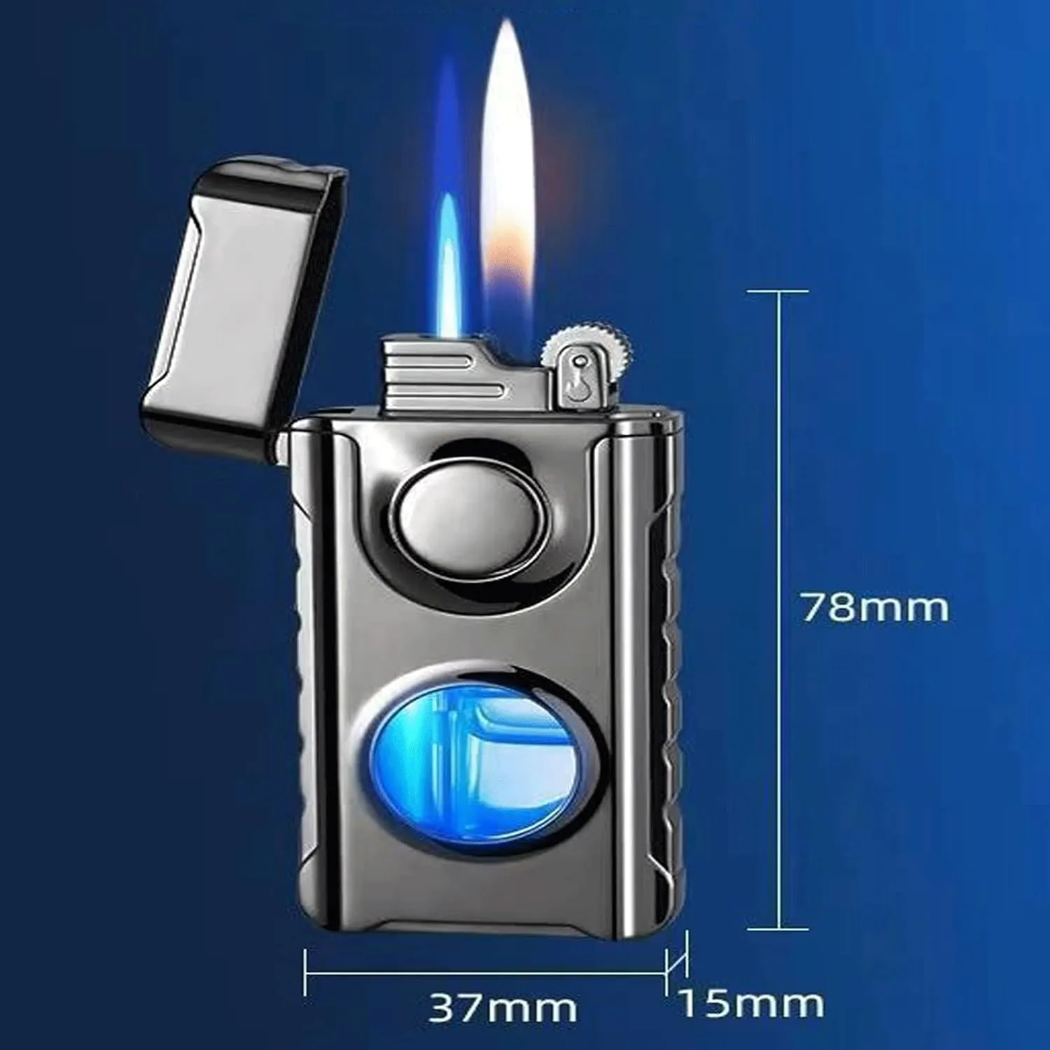 Dual Flame Lighter, Transparent Visible Fuel Tank, switchable Flame, refillable Fuel, Portable Lighter, Suitable for Camping and Travel (Fuel not Included)(Black 2)