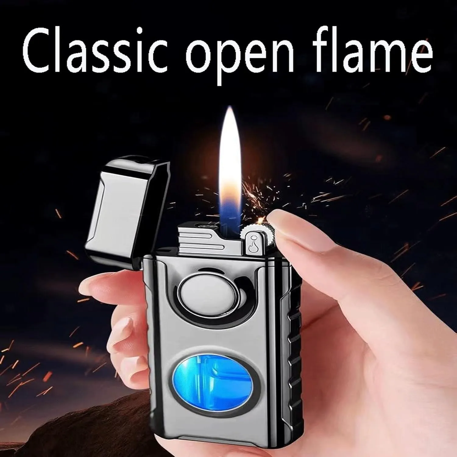 Dual Flame Lighter, Transparent Visible Fuel Tank, switchable Flame, refillable Fuel, Portable Lighter, Suitable for Camping and Travel (Fuel not Included)(Black 2)