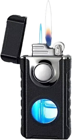 Dual Flame Lighter, Transparent Visible Fuel Tank, switchable Flame, refillable Fuel, Portable Lighter, Suitable for Camping and Travel (Fuel not Included)(Black 2)