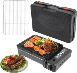 Dual Fuel Portable Butane Camping Stove with Carrying Case, Gas Burner Grill Stove with Detachable Net & Baking Sheet Clip Oil Pan Brush, Tabletop BBQ Grill for Camp Outdoor Cooking and Emergency Kit