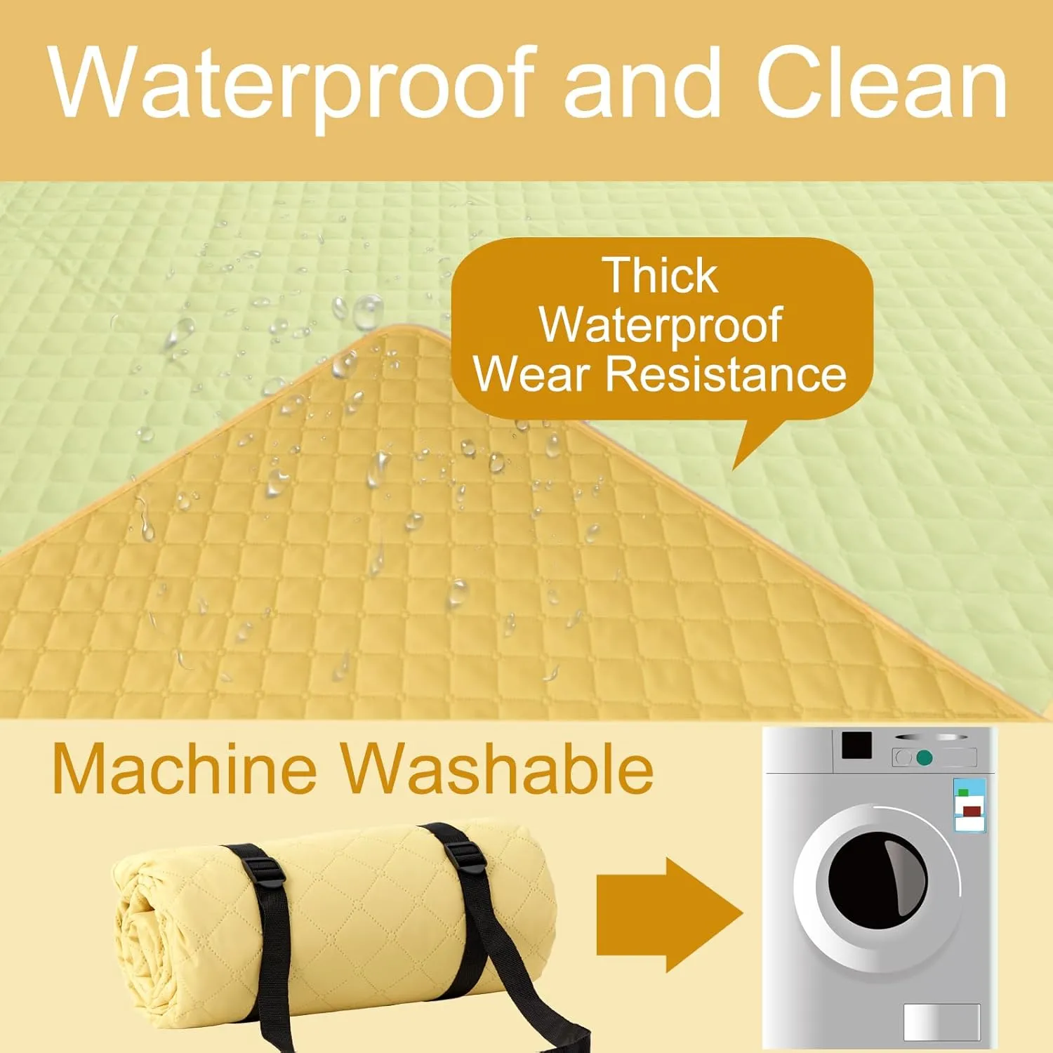 Dual Sided Outdoor Blanket, Foldable Large Picnic Blanket with Belt and Bag, 80'' x 80'' Sandproof Beach Blanket Waterproof Picnic Mat for Family Friends Outdoor Activities (Yellow)