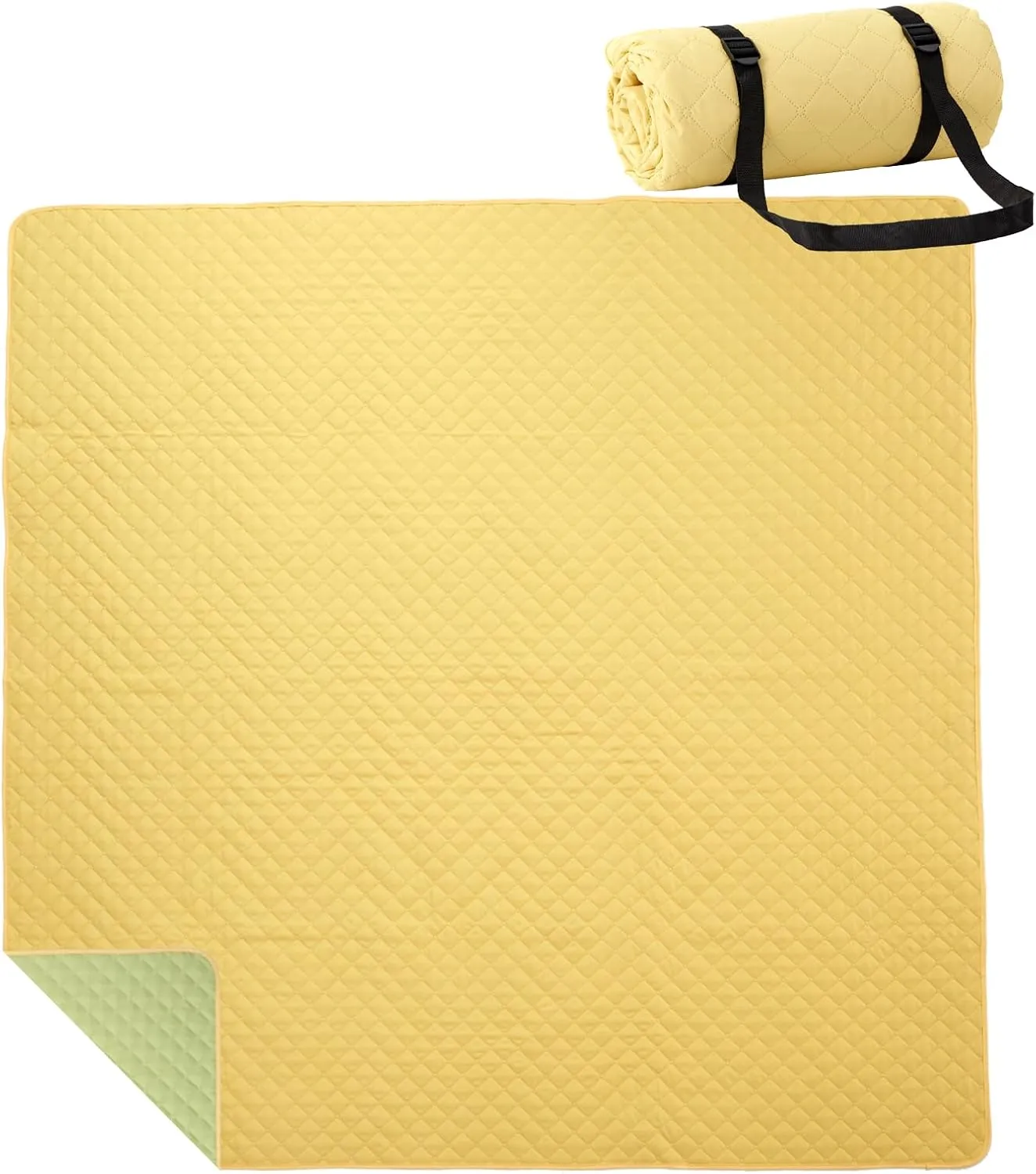 Dual Sided Outdoor Blanket, Foldable Large Picnic Blanket with Belt and Bag, 80'' x 80'' Sandproof Beach Blanket Waterproof Picnic Mat for Family Friends Outdoor Activities (Yellow)