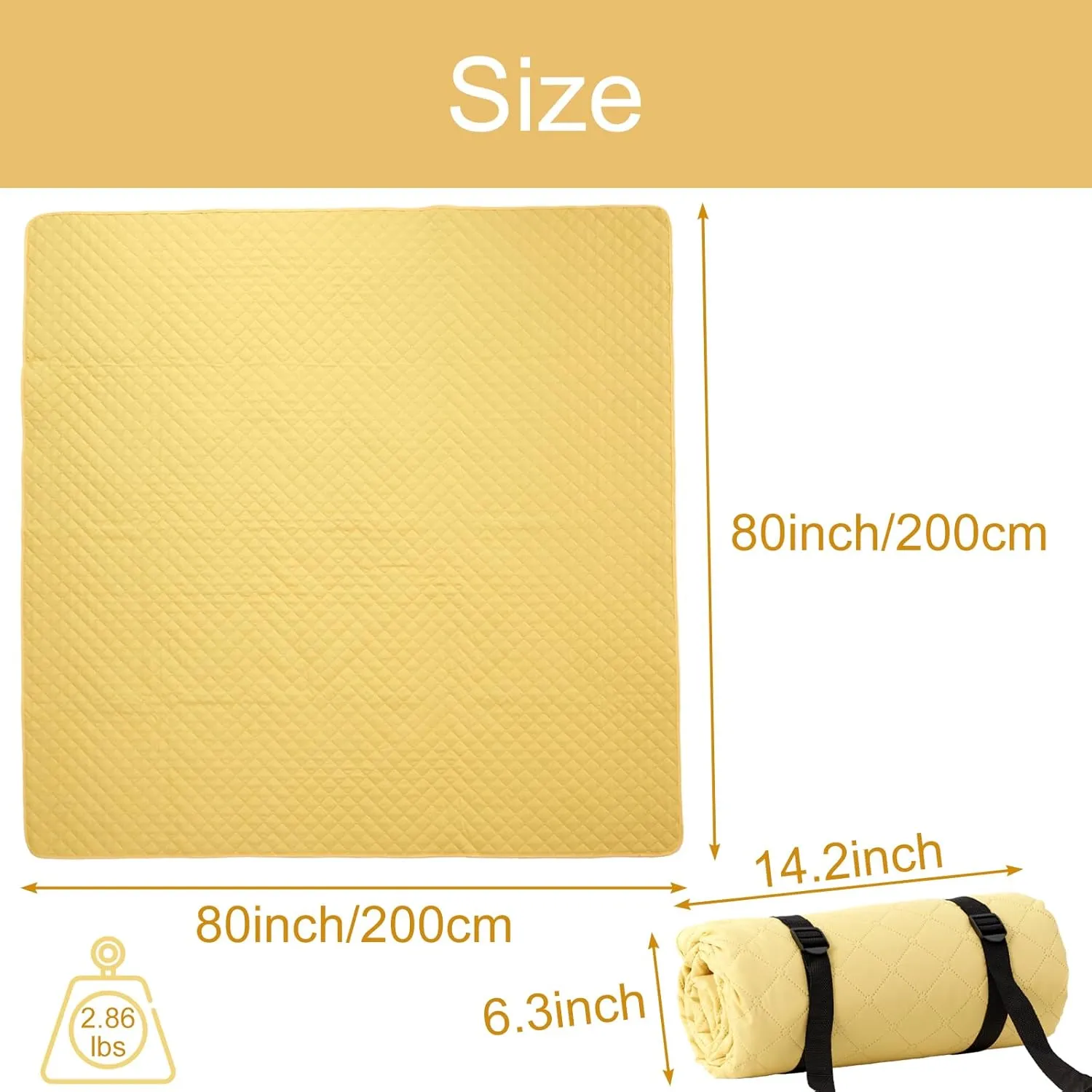 Dual Sided Outdoor Blanket, Foldable Large Picnic Blanket with Belt and Bag, 80'' x 80'' Sandproof Beach Blanket Waterproof Picnic Mat for Family Friends Outdoor Activities (Yellow)