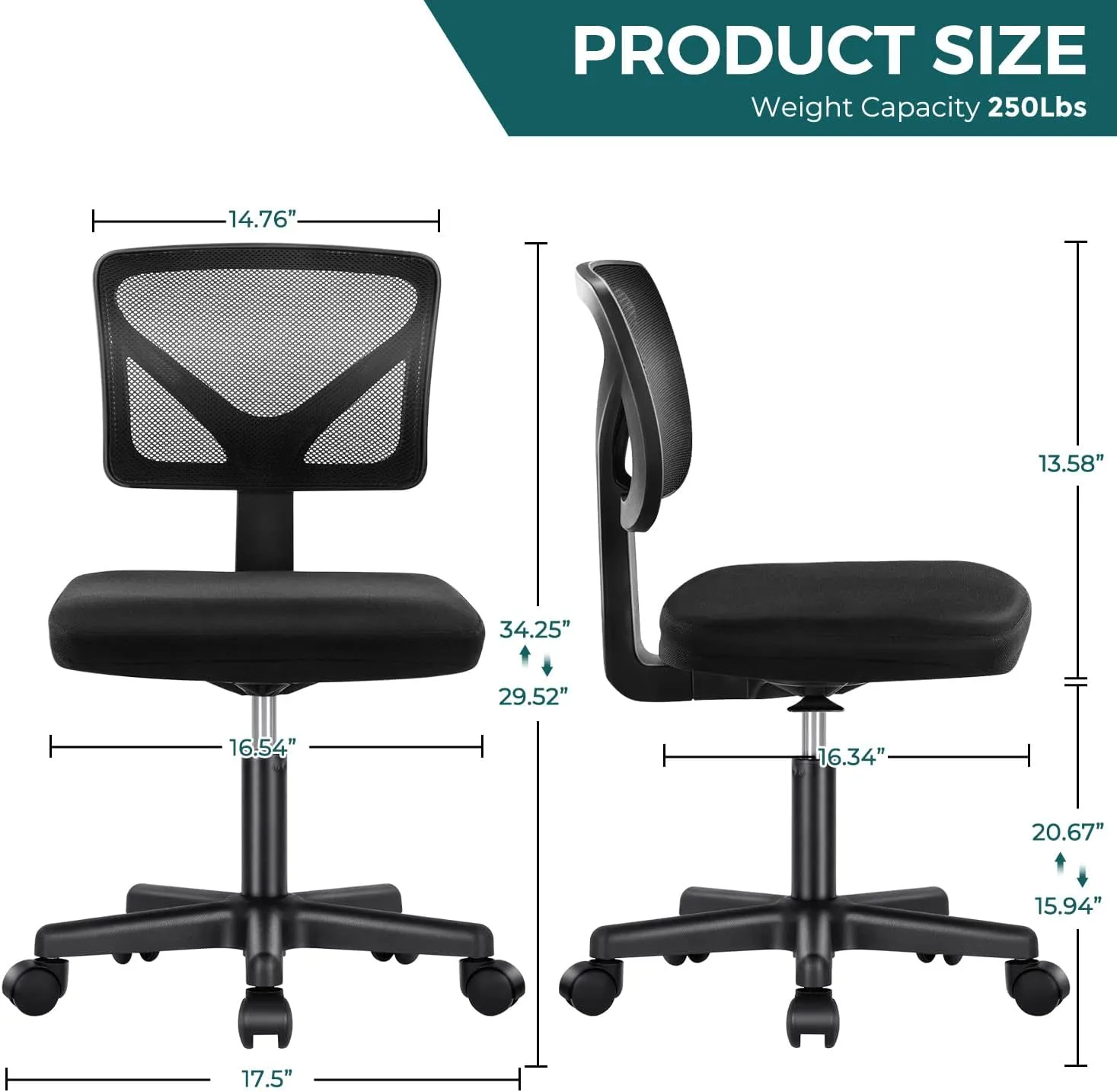 DUMOS Armless Desk Chairs with Wheels Cute Home Office Chair No Arms, Ergonomic Adjustable Swivel Rolling Task Chair, Comfy Mesh Mid Back Computer Work Vanity Chair for Small Spaces, Dark Black
