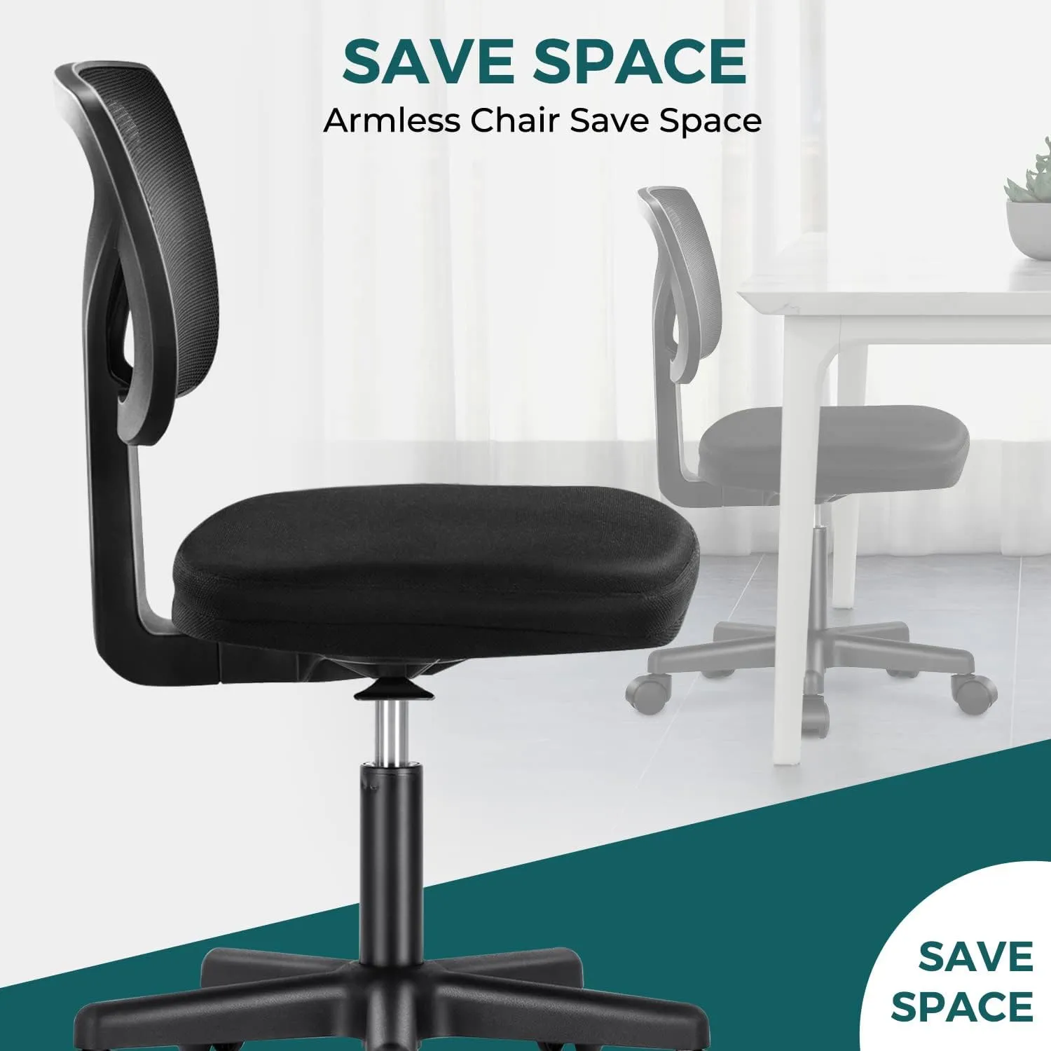 DUMOS Armless Desk Chairs with Wheels Cute Home Office Chair No Arms, Ergonomic Adjustable Swivel Rolling Task Chair, Comfy Mesh Mid Back Computer Work Vanity Chair for Small Spaces, Dark Black